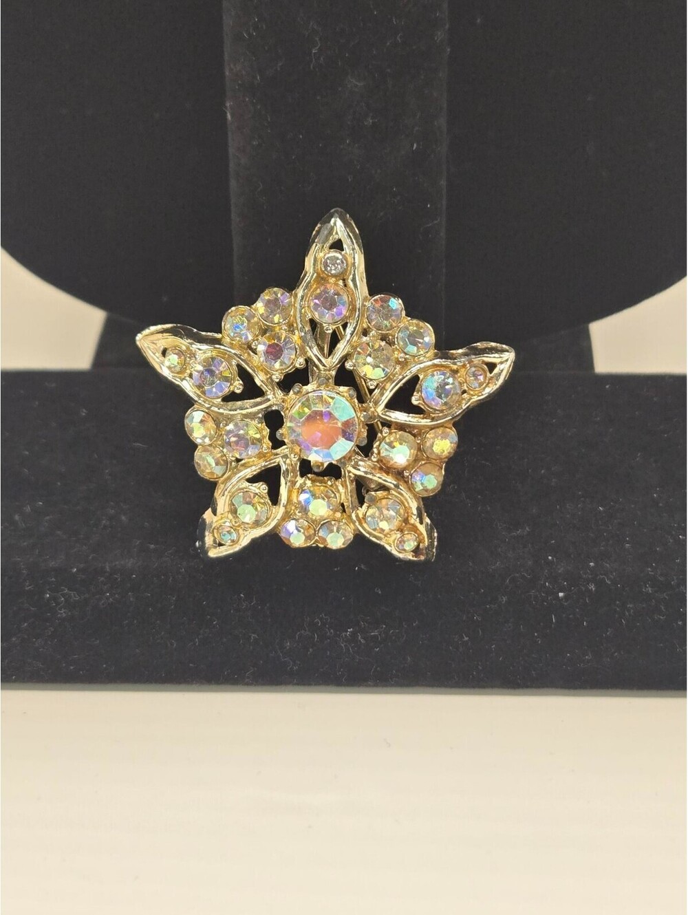 Vintage Silver Tone Aurora Borealis Rhinestone Starburst Brooch Pin 1960s MC